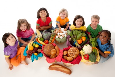 Healthy Eating: Diverse Group Children Food Group Baskets High A