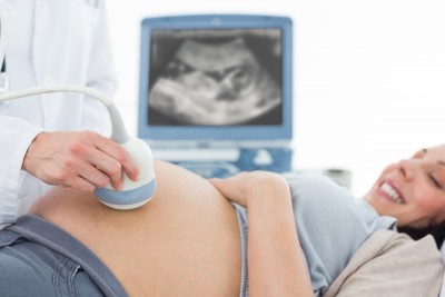 Cropped image of doctor performing ultrasound on pregnant woman