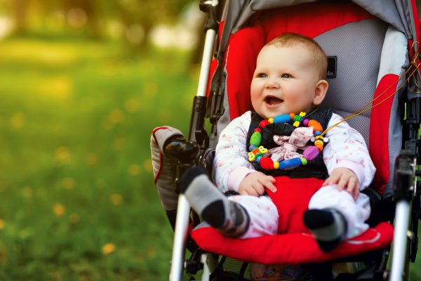 Baby in sitting stroller on nature