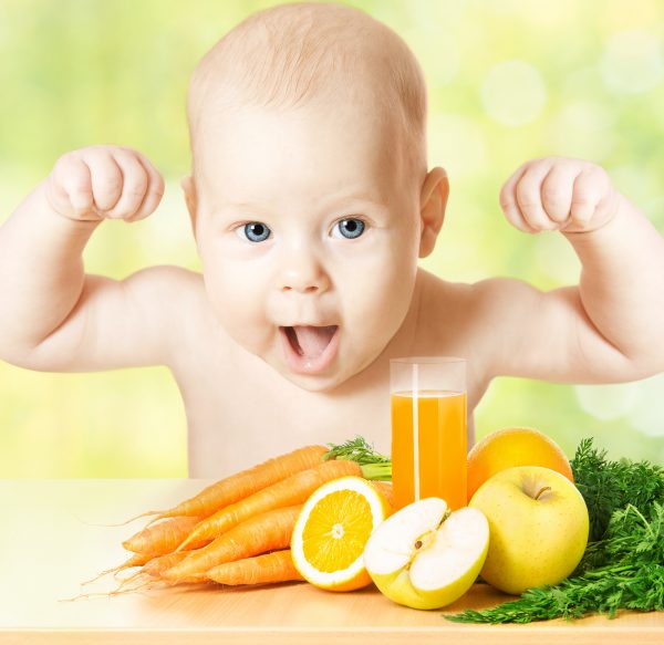 Strong Baby Fresh Fruit Meal And Juice Glass. Healthy Vitamin Ve